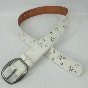 White Tooled Laser Cut Belt Small Genuine Leather Floral Flowers Silver Buckle